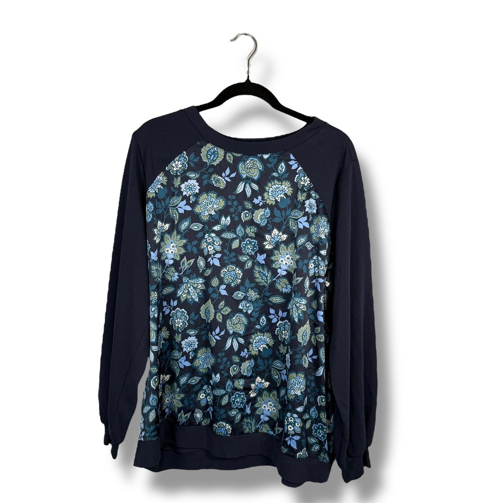 Jason Wu 1X Floral‎ Print Navy Blue Long Sleeve Crewneck Pullover Top